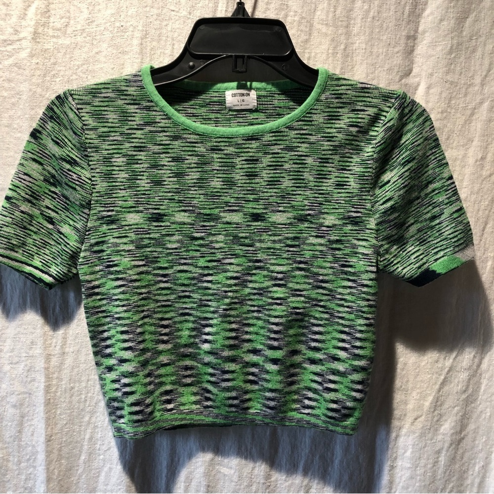 Cotton On crop top stretch woven medium weight green and navy cap sleeve L